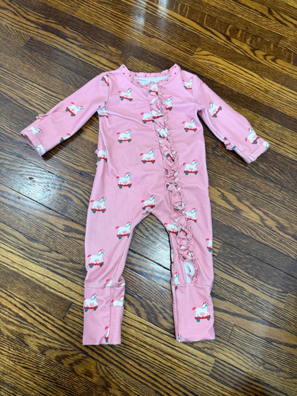 SweetHoney Pink Ruffle Footie with horse Print